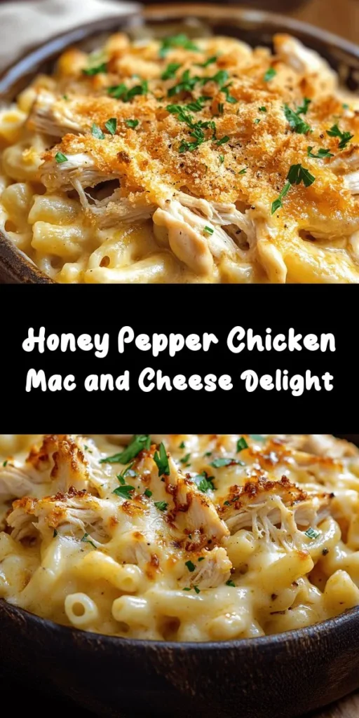 Indulge in a comforting bowl of Honey Pepper Chicken Mac and Cheese that perfectly balances sweet and savory flavors! This creamy dish combines tender elbow macaroni, shredded chicken, and a rich cheese sauce made from sharp cheddar and Parmesan. With a hint of smoked paprika and a touch of honey, every bite is a delight. Quick to prepare in just 40 minutes, it's perfect for weeknight dinners or gatherings. Add fresh parsley for a pop of color and freshness!