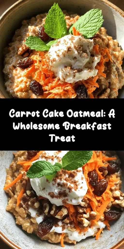 Start your morning with a delicious twist on breakfast with this Carrot Cake Oatmeal Delight! Made with rolled oats, grated carrots, and warm spices, this creamy bowl is a nutritious way to kick off your day. Sweetened with brown sugar and packed with optional raisins and walnuts, it offers a delightful crunch. Top it off with cream cheese or yogurt, shredded coconut, and fresh mint for a tasty finish. Quick and easy to prepare, this recipe serves two and takes just 15 minutes! Perfect for busy mornings or a cozy weekend treat!