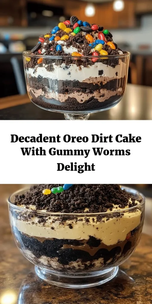 Indulge in the fun and deliciousness of this Oreo Dirt Cake! With layers of creamy goodness, chocolate pudding, and a crunchy Oreo crust, this dessert is perfect for any occasion. Add gummy worms on top for a playful touch that kids will adore! Easy to make with just a few ingredients, it's a delightful treat that's sure to impress. Chill it for a few hours and serve to enjoy this scrumptious, themed dessert that everyone will love!