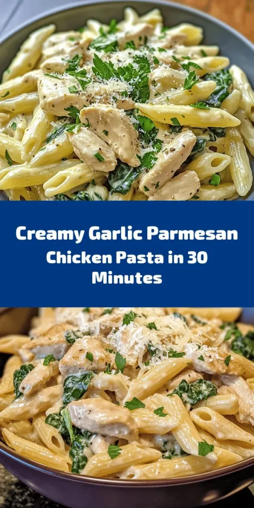 Indulge in this creamy garlic Parmesan chicken pasta that's perfect for any night of the week! With tender chicken, rich sauce, and fresh spinach, it's a delightful meal the whole family will love. Ready in just 30 minutes, this dish pairs well with a side salad for a complete dinner. Enjoy the flavors of garlic and Parmesan in this comforting bowl of goodness. Pin this recipe for your next dinner inspiration!
