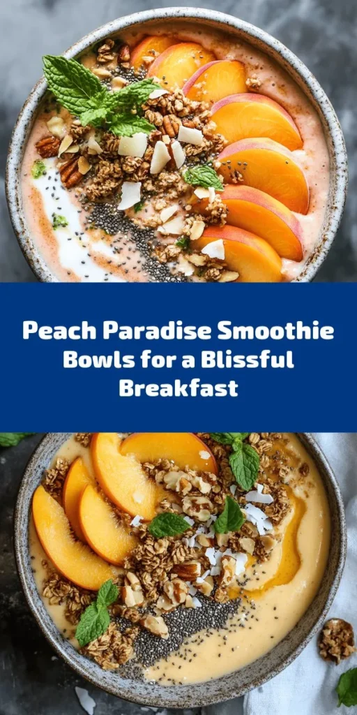 Indulge in a refreshing Peach Paradise Smoothie Bowl that's perfect for sunny mornings! With ripe peaches, a frozen banana, tangy Greek yogurt, and a splash of almond milk, this bowl is creamy and dreamy. Customize it with your favorite toppings like granola, chia seeds, nuts, and fresh mint for a delightful crunch and pop of color. Whip it up in just 10 minutes and enjoy a tasty treat that’s as beautiful as it is delicious!