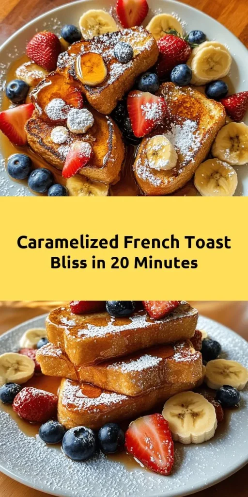 Indulge in the sweetness of Caramelized Delight French Toast! This easy recipe combines thick slices of French bread or brioche, whisked eggs, and a hint of vanilla, cinnamon, and sugar for a perfect breakfast treat. Cooked to golden perfection and topped with a delightful caramelized sugar layer, warm maple syrup, and fresh fruits, it's sure to impress. Ready in just 20 minutes, your mornings will never be the same! #FrenchToast #BreakfastInspiration
