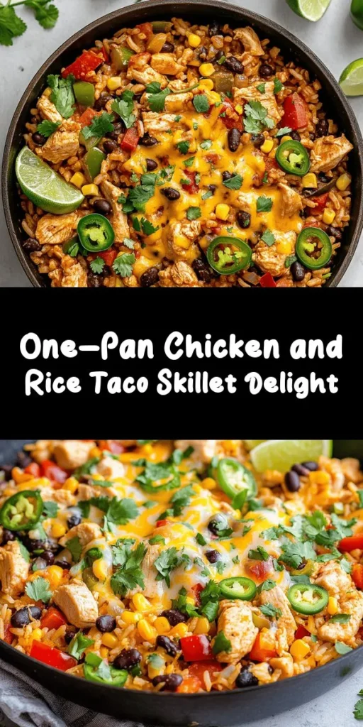 Discover a delicious one-pan meal with this Chicken and Rice Taco Skillet! Perfect for busy weeknights, it combines tender chicken, black beans, corn, and spices with fluffy rice for a hearty dish. Topped with melted cheese and fresh cilantro, it’s sure to satisfy your taco cravings. Serve it with lime wedges and jalapeños for a zesty kick. Easy to make and packed with flavor, this recipe is a family favorite you won’t want to miss!