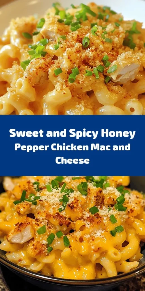Indulge in this delightful Honey Pepper Chicken Mac and Cheese! With tender chicken cooked in honey and spices, creamy cheese sauce, and al dente elbow macaroni, this dish is comfort food at its finest. It's easy to make and perfect for a family meal. Whether you choose to bake it for a crispy top or serve it creamy right off the stove, this recipe is sure to impress. Garnish with green onions and enjoy a deliciously sweet and savory twist!