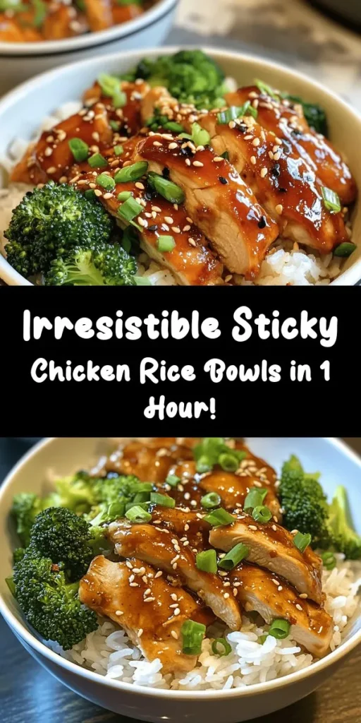 Savor the flavor of these Sticky Chicken Rice Bowls packed with tender marinated chicken thighs, fluffy jasmine rice, and vibrant steamed broccoli. This easy recipe comes together in just an hour, thanks to a delicious marinade of soy sauce, hoisin, honey, and garlic. Top it off with a sticky sauce and sprinkle of sesame seeds for an irresistible finish. Perfect for a weeknight dinner, this dish is sure to impress your family and friends!