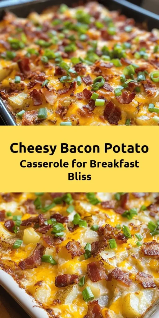 Start your day with a delicious Cheesy Bacon Potato Breakfast Casserole! This hearty dish combines layers of tender russet potatoes, crispy bacon, and a blend of sharp cheddar and mozzarella cheese, all baked to gooey perfection. Easy to prepare and packed with flavor, it's perfect for family brunch or meal prep. Just mix, layer, and bake for a comforting breakfast that serves eight. You won’t want to miss this crowd-pleaser!