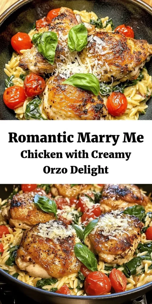 Get ready to impress with this delicious Marry Me Chicken Orzo recipe! Featuring juicy chicken thighs simmered in a creamy garlic broth with orzo pasta, cherry tomatoes, and baby spinach, this dish is as flavorful as it is wholesome. Topped with grated Parmesan and fresh basil, it's a perfect weeknight dinner that comes together in just 35 minutes. Your family will be asking for seconds! Try it and see if it leads to a proposal!