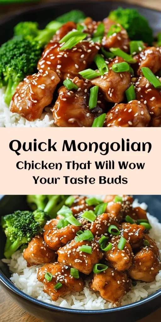 Indulge in a quick and tasty meal with this Sweet Savory Mongolian Chicken! This easy recipe features tender chicken thighs coated in a crispy cornstarch layer, sautéed with aromatic garlic and ginger, and tossed in a flavorful sauce made with soy sauce, brown sugar, and a hint of spice. Serve over rice or broccoli for a satisfying dinner that comes together in just 20 minutes. Don't forget to garnish with green onions and sesame seeds for a delicious finish!