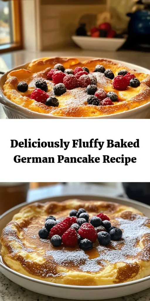 Indulge in a delightful breakfast treat with this fluffy baked German pancake! Perfectly airy and golden, it's simple to make with just a few ingredients including eggs, milk, flour, and sugar. Just whisk, pour over melted butter, and bake for a stunning, puffy result. Serve warm and customize with your favorite toppings like fresh berries, powdered sugar, or maple syrup. Ideal for family brunch or a special occasion, this recipe is sure to impress!