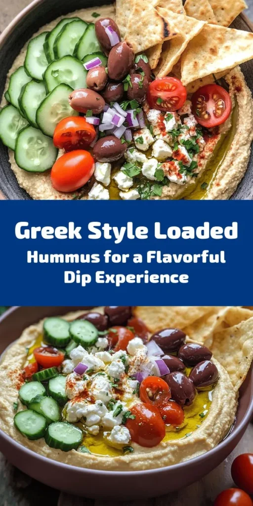 Elevate your snack game with this delicious Greek Style Loaded Hummus! Perfectly creamy, this easy recipe combines chickpeas, tahini, and zesty lemon juice for a flavorful base, then it's topped with fresh cucumbers, cherry tomatoes, Kalamata olives, and crumbled feta. Drizzle with olive oil and sprinkle with paprika for that extra touch. Serve with pita chips or fresh pita for a tasty appetizer or healthy party dish. Prep in just 15 minutes!