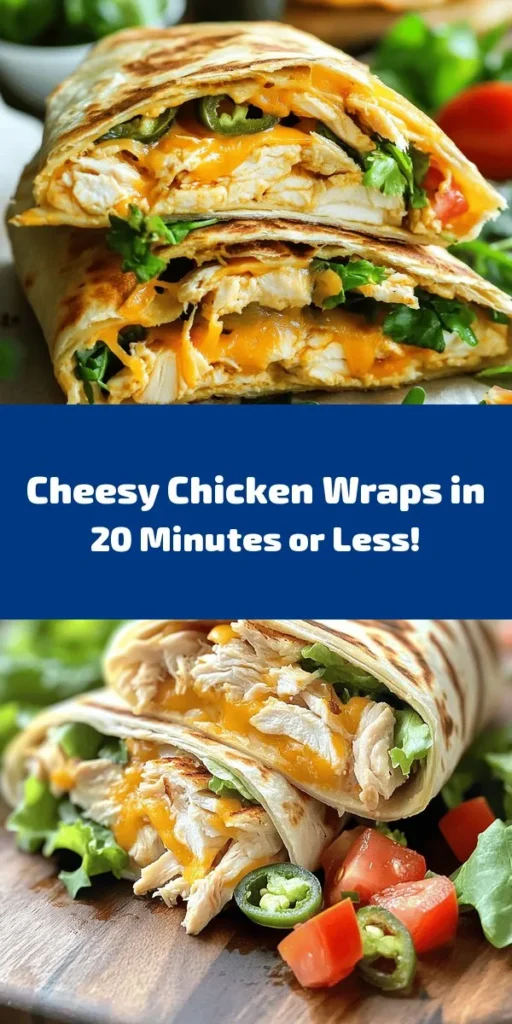 Grab your taste buds for a delightful meal with these Easy Cheesy Chicken Wraps! Packed with shredded chicken, creamy cheeses, and spices, this recipe is a breeze to whip up in just 20 minutes. Perfect for a quick lunch or dinner, these wraps include fresh greens, tomatoes, and optional jalapeños for a spicy kick. Grill them to a golden crisp for an extra delicious touch. Easy to make and even easier to eat—perfect for family meals or meal prep!