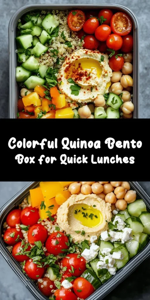 Elevate your lunch game with this refreshing Bento Box Bliss recipe! Packed with nutrients, this vibrant bento features fluffy quinoa, juicy cherry tomatoes, crunchy cucumbers, colorful bell peppers, protein-rich chickpeas, and tangy feta cheese, all drizzled with a zesty lemon dressing. Don't forget the creamy hummus for dipping! This quick and easy recipe is perfect for meal prep and will keep you satisfied throughout the day. Enjoy a burst of flavors in every bite!