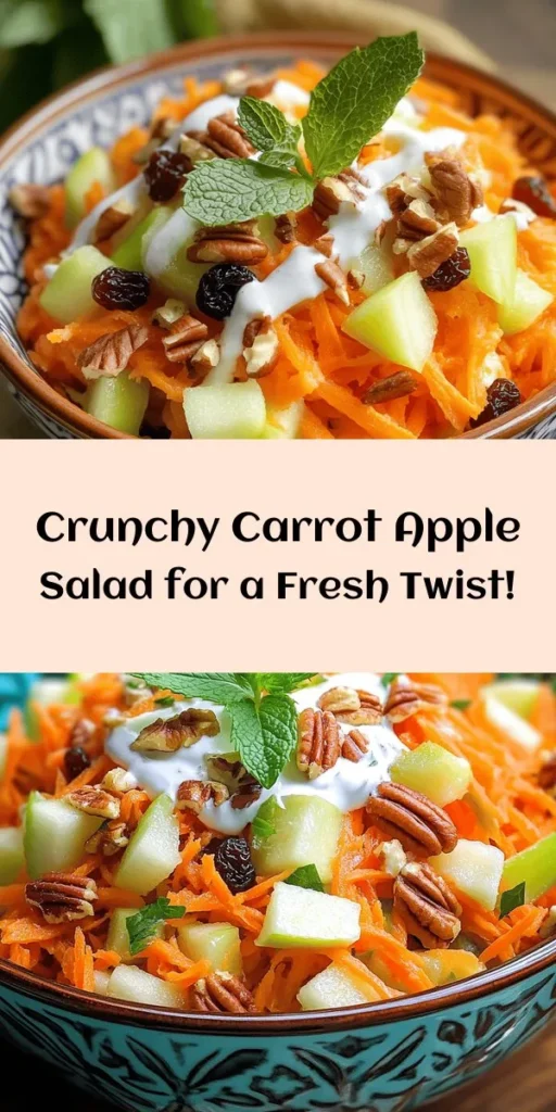 Looking for a refreshing and nutritious side dish? Try this Crunchy Carrot Apple Delight! With just a few simple ingredients like grated carrots, diced apples, and a creamy yogurt dressing, this salad is the perfect blend of sweet and savory. Toss in some raisins, nuts, and a hint of cinnamon for added flavor. It's quick to prepare and can be made ahead of time for a delightful crunch at your next meal. Garnish with fresh mint for that extra touch!