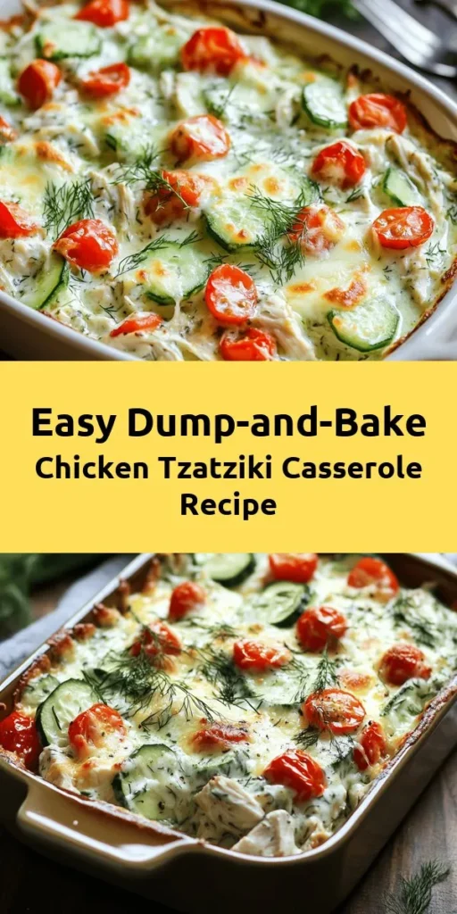 Discover a deliciously simple Dump-and-Bake Chicken Tzatziki Casserole that's perfect for a weeknight dinner! With tender shredded chicken, whole grain penne, fresh veggies, and creamy Greek yogurt, this dish is both nutritious and flavorful. Topped with melted mozzarella and packed with flavors of garlic, dill, and lemon, it's a comforting meal the whole family will love. Quick prep, easy steps, and ready in under an hour. Give it a try!