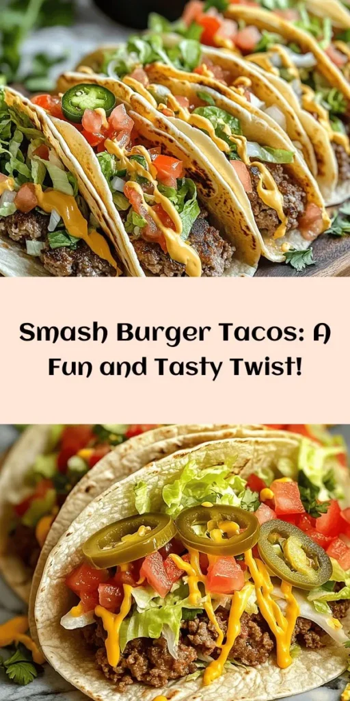 Get ready to elevate your taco night with these Easy Smash Burger Tacos! Juicy beef patties seasoned with garlic and onion make the perfect filling for soft tortillas. Top them with fresh lettuce, tomatoes, and melted cheddar, plus a creamy burger-inspired sauce for an extra kick. Add jalapeños for spice and finish with a sprinkle of cilantro. Quick to prepare, these delicious tacos are sure to impress and perfect for any occasion!