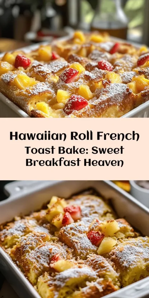Indulge in a tropical twist with this Sweet Hawaiian Roll French Toast Bake! Perfect for brunch or a special breakfast, this creamy, custardy delight features fluffy Sweet Hawaiian rolls baked with crushed pineapple and optional strawberries. Infused with warm spices and topped with coconut, it's a crowd-pleaser. Serve it dusted with powdered sugar and drizzled with maple syrup for the ultimate sweet treat. Easy to prepare and incredibly delicious, this recipe is a must-try!