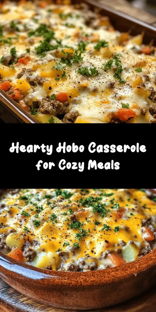 Discover a cozy and comforting meal with this Hobo Casserole Delight! This hearty dish features ground beef, tender potatoes, and a colorful mix of vegetables, all baked together with creamy mushroom soup and topped with gooey cheddar cheese. Perfect for family dinners or meal prep, it's simple to make and bursting with flavor. With just an hour from prep to table, this one-pan wonder will quickly become a favorite in your home. Add it to your meal plan today!