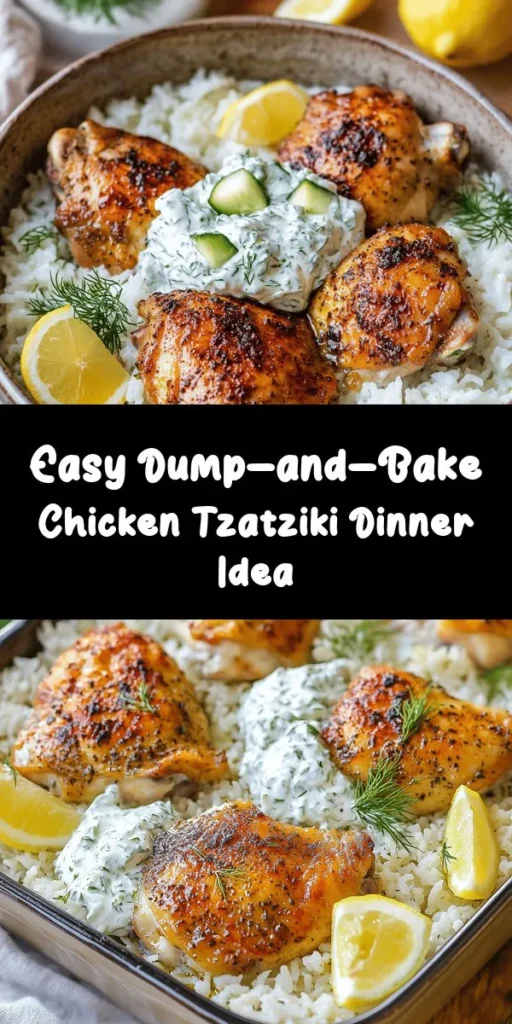 Discover the deliciousness of Dump-and-Bake Chicken Tzatziki with Rice! This one-pan recipe is perfect for busy weeknights, combining juicy chicken thighs, savory rice, and a refreshing homemade tzatziki sauce. With just a few simple steps, you’ll have a flavorful meal ready to impress your family and friends. Bake everything to perfection, and enjoy the creamy tzatziki topping for an extra zing. Ready in just an hour and sure to become a favorite!