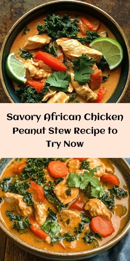 Experience the rich flavors of Africa with this delicious Chicken Peanut Stew! Made with tender chicken thighs, aromatic spices, and creamy peanut butter, this hearty dish is perfect for any night of the week. Simmered with fresh veggies and coconut milk, it's a satisfying meal that bursts with flavor. Serve it hot, garnished with cilantro and lime for a zesty finish. Quick to prepare and full of nutrients, this stew is sure to be a family favorite!