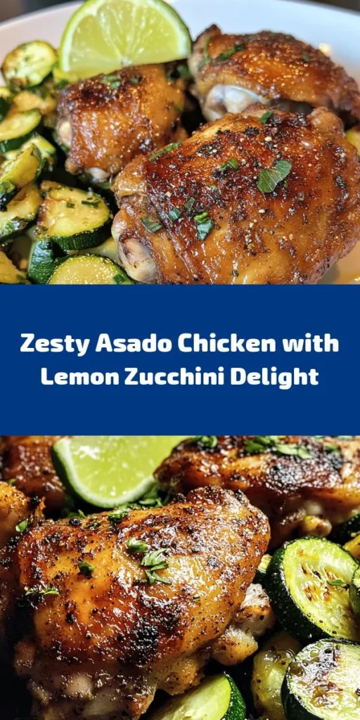 Enjoy a burst of flavor with this Zesty Asado Chicken paired with a refreshing Lemon Zucchini Medley! Marinated in a savory blend of garlic, smoky spices, and lime, the grilled chicken thighs are irresistibly juicy and crispy. Serve them alongside sautéed zucchini for a light and tangy side, perfect for any dinner. Quick to prepare and full of vibrant flavors, this dish will elevate your mealtime. Perfect for busy weeknights or weekend gatherings!